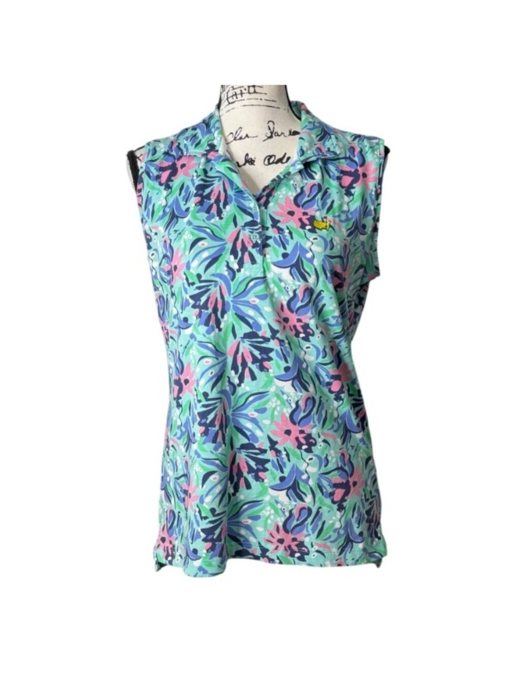 Magnolia Lane Womens Size M Top Masters Golf Polo Sleeveless Floral Tropical